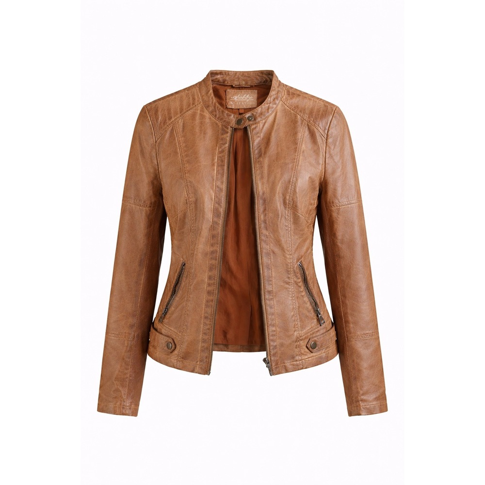 Sebby Collection Faux Leather Moto Jacket Brown Zipper Pockets Women's Size L‎